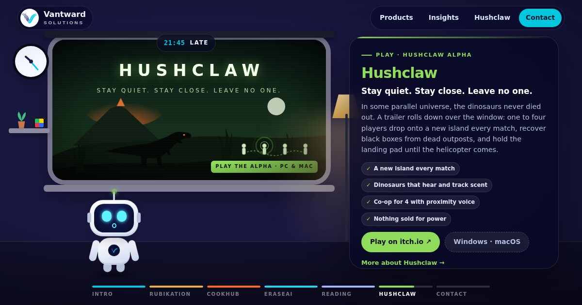 Hushclaw teaser: a dinosaur crossing a volcanic island while a team of four stays close together