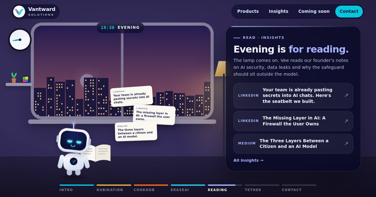 Vee the robot reading by lamplight, with three article pages floating up