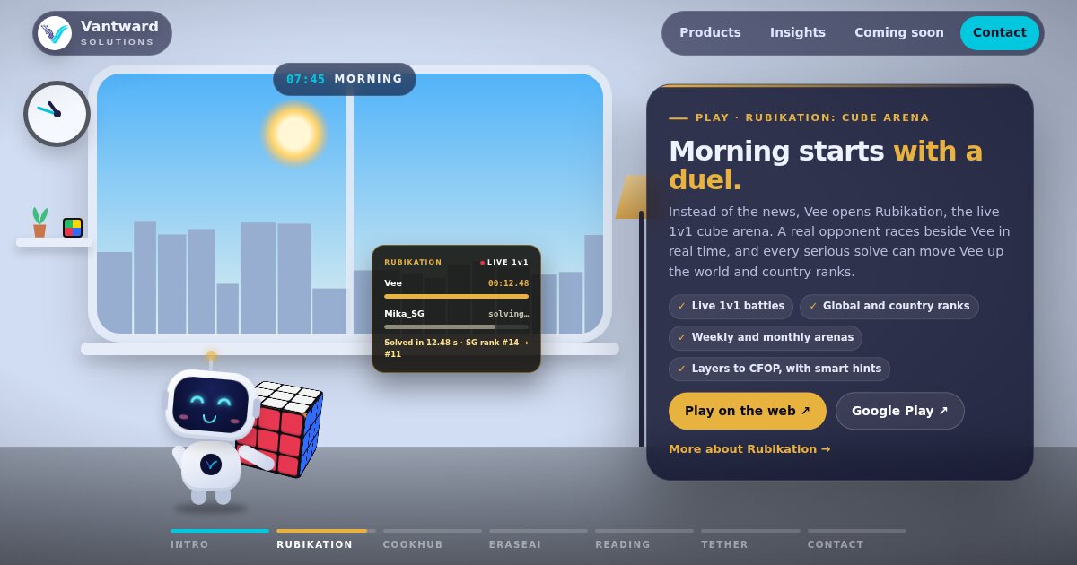 Vee the robot racing a live 1v1 cube battle in Rubikation, with both timers on screen