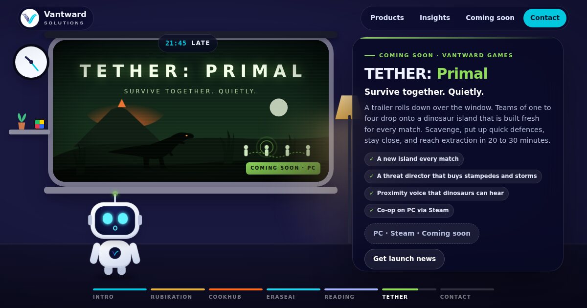 TETHER: Primal teaser: a dinosaur crossing a volcanic island while a team of four stays tethered together